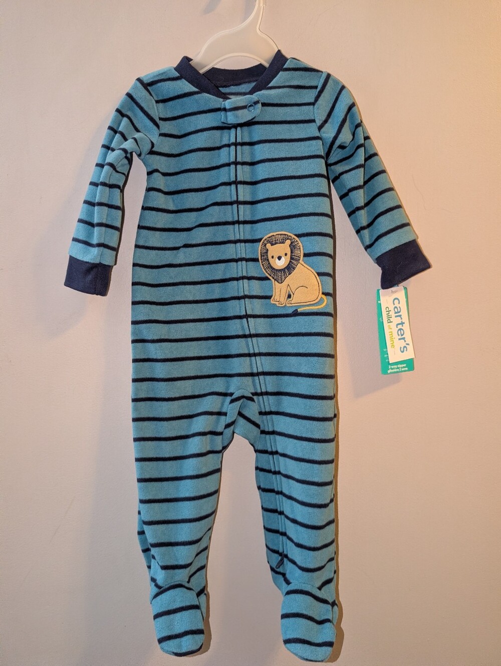 🆕 Carter's Teal Navy Striped Lion Footed One-Piece Fleece Sleeper PJs 6-9 Month